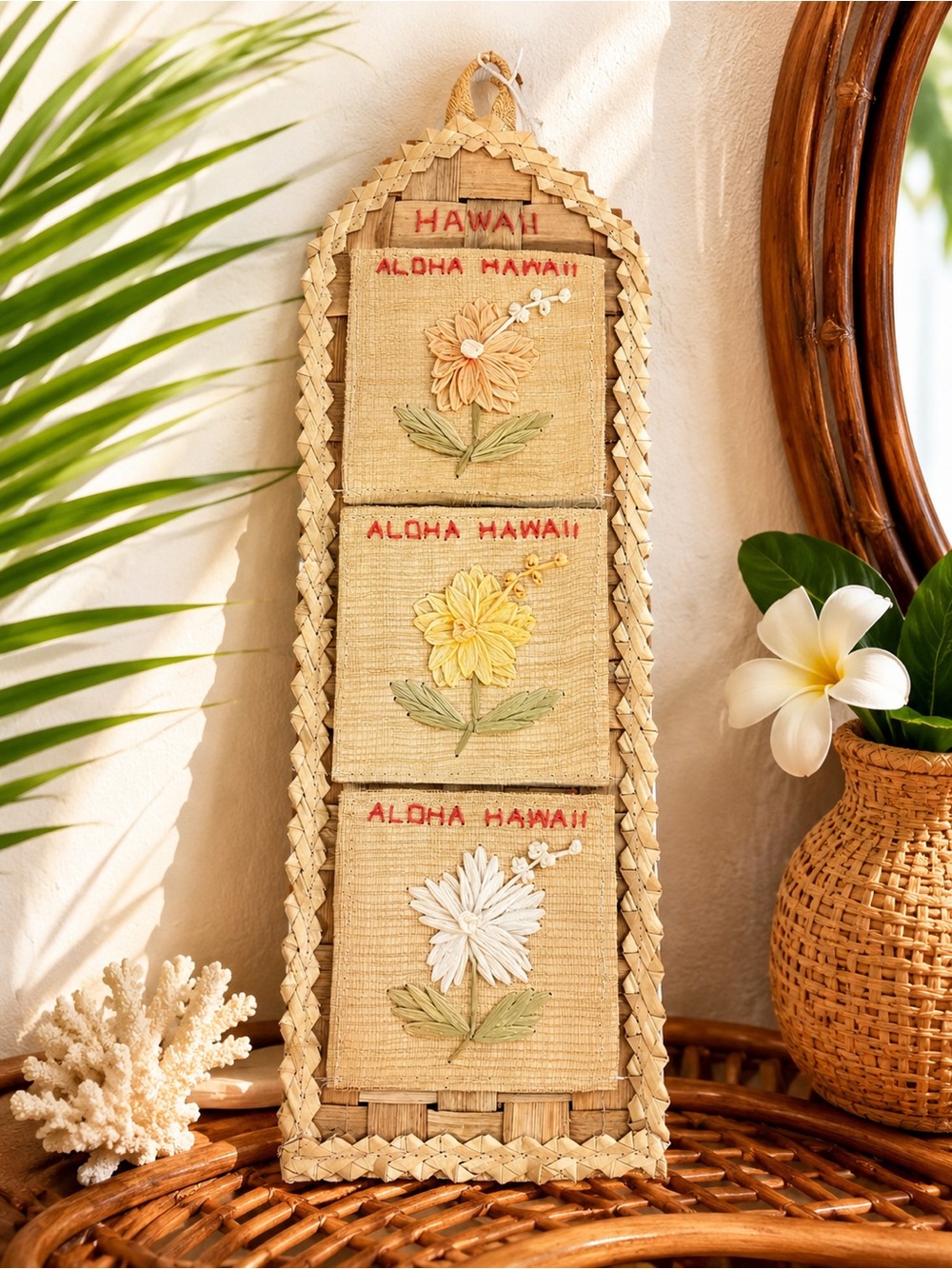 Vintage Aloha Hawaii Woven Wall Hanging Tropical Boho Tiki Decor